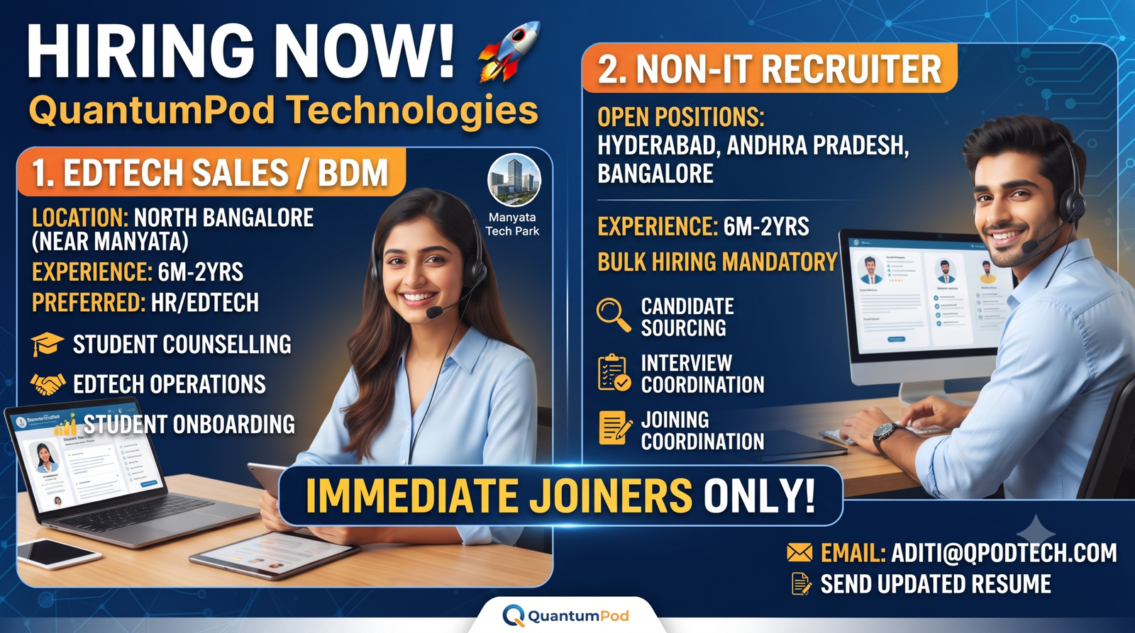 QuantumPod Technologies Hiring 2026: EdTech BDM & Non-IT Recruiters | Bangalore, Hyderabad & AP