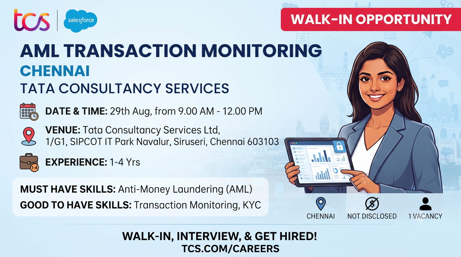 TCS Walk-In Interview 2026: AML Transaction Monitoring Analyst | Chennai
