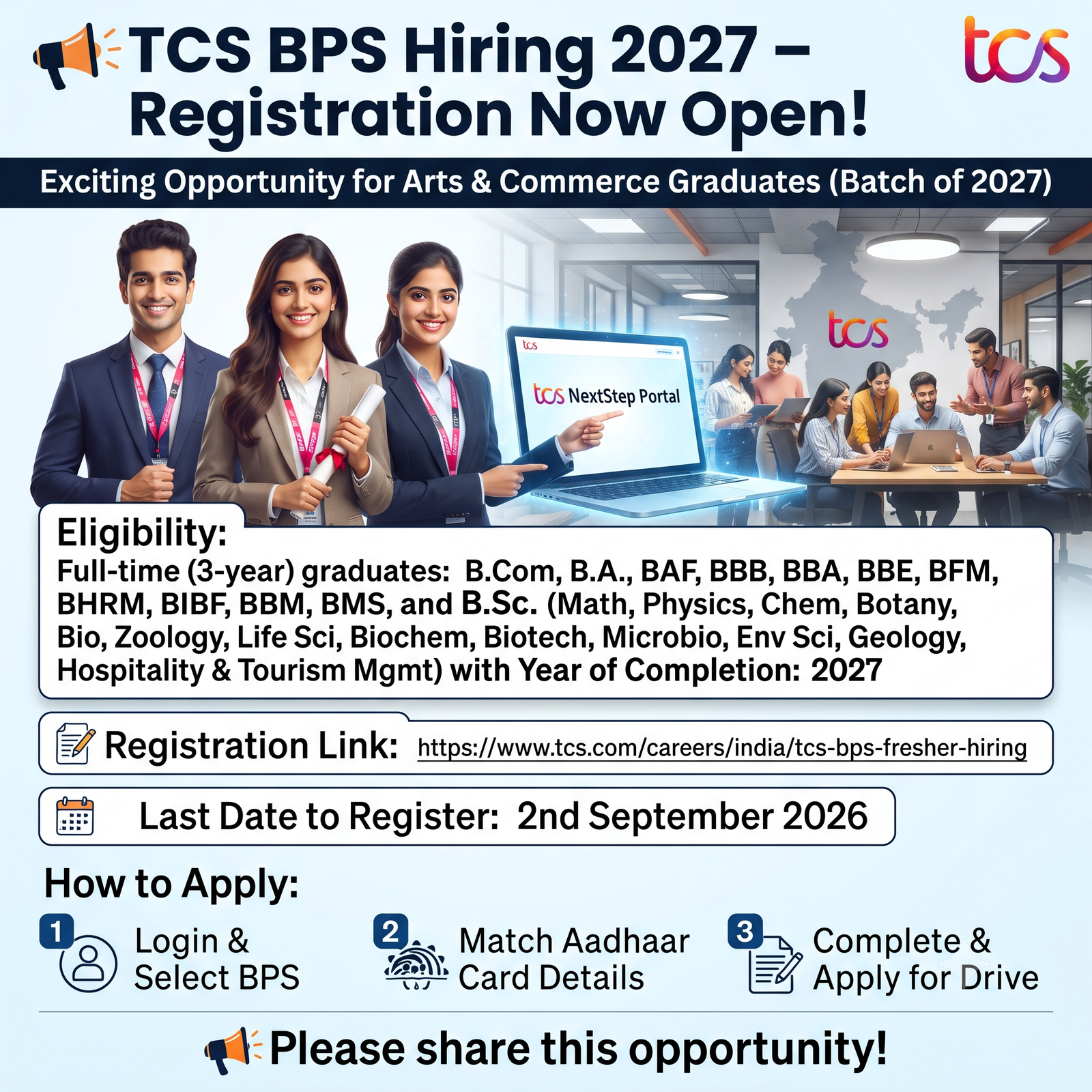 TCS BPS Hiring 2027: Mass Recruitment for Arts, Commerce & Science Graduates | Apply Now!
