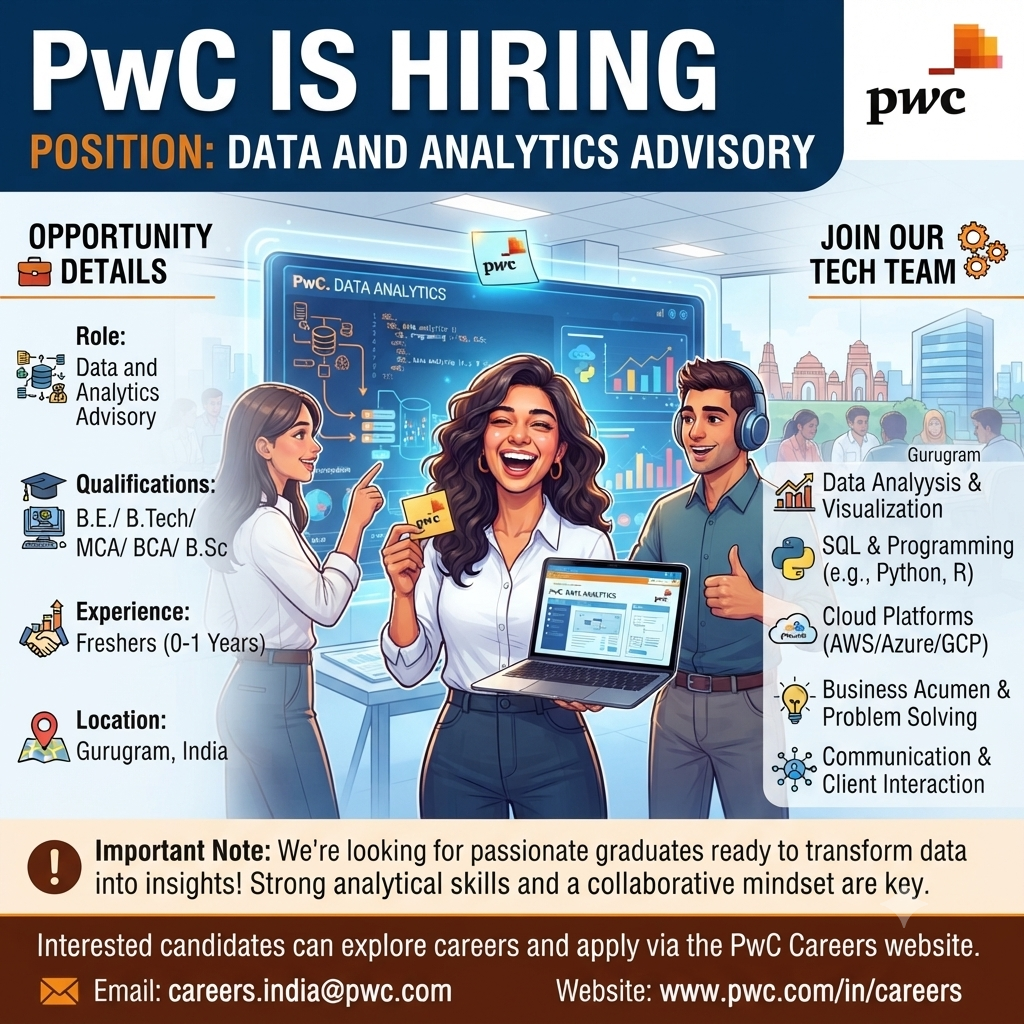 PwC Hiring 2026: AWS Specialist (Data & Analytics Advisory) | Freshers (0-1 Yrs) | Gurugram