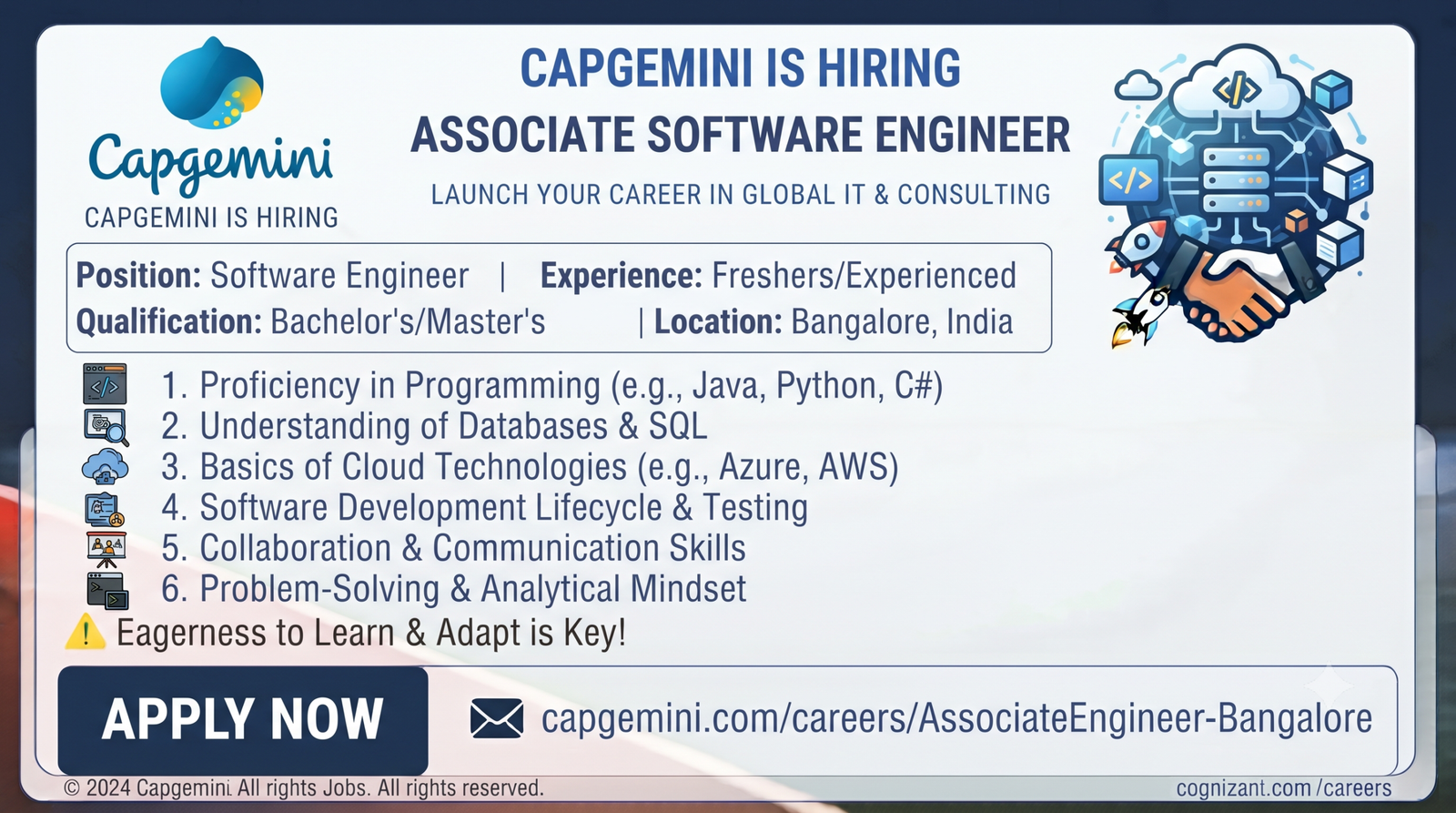 Capgemini Recruitment 2026: Associate Software Engineer (L1 Tech Support) | Bangalore