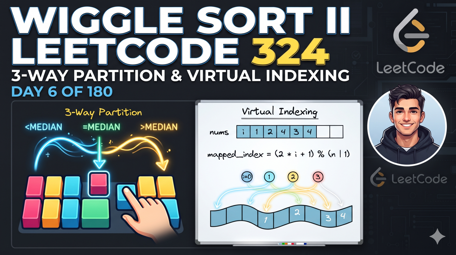 Master Wiggle Sort II (LeetCode 324): 3-Way Partition & Virtual Indexing | Day 6 of 180